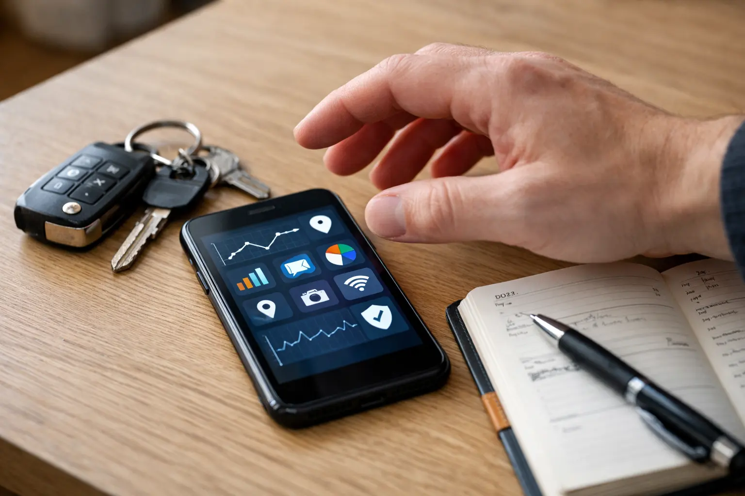 Smartphone en persoonlijke spullen op tafel