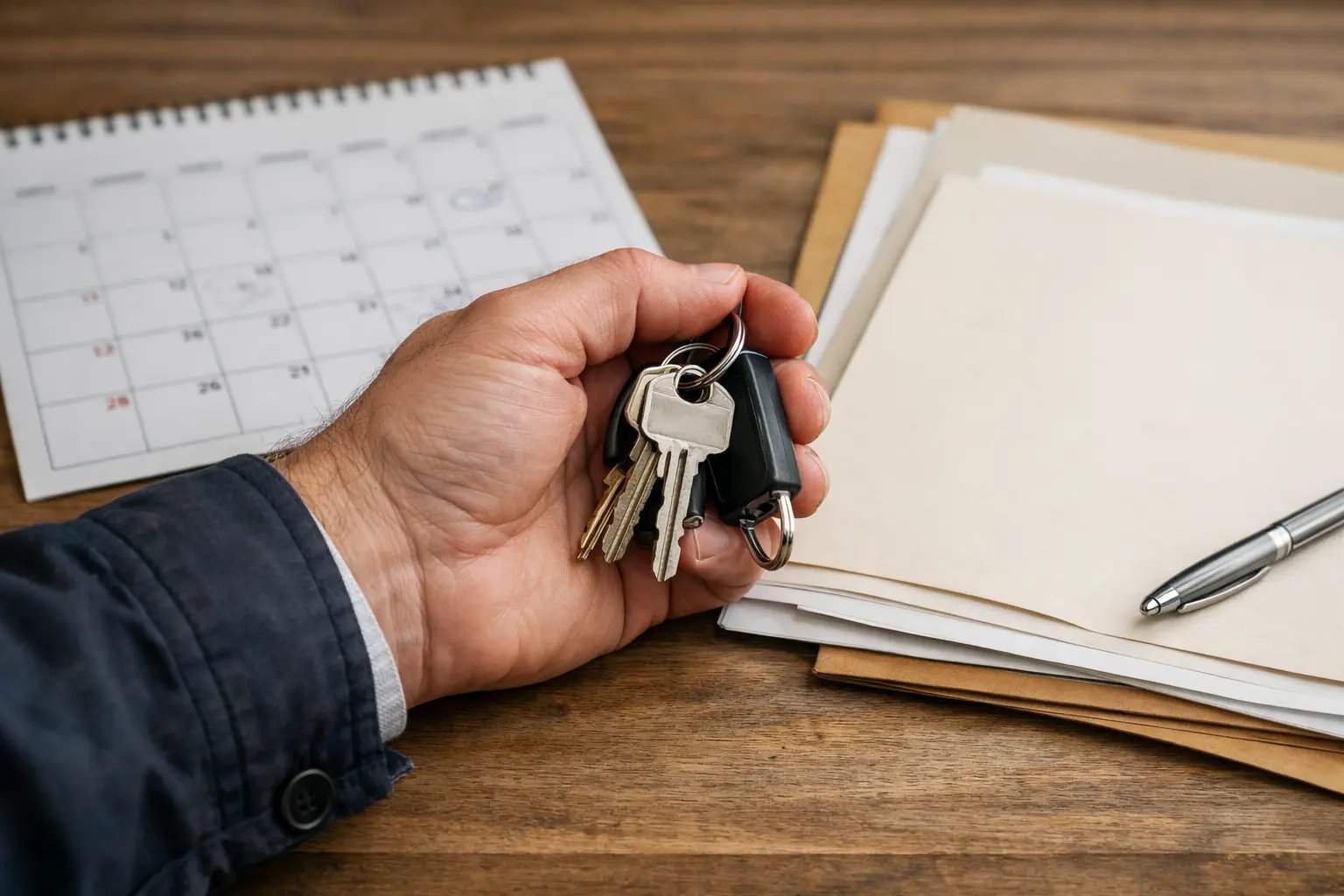 Hand met sleutels en documenten op tafel