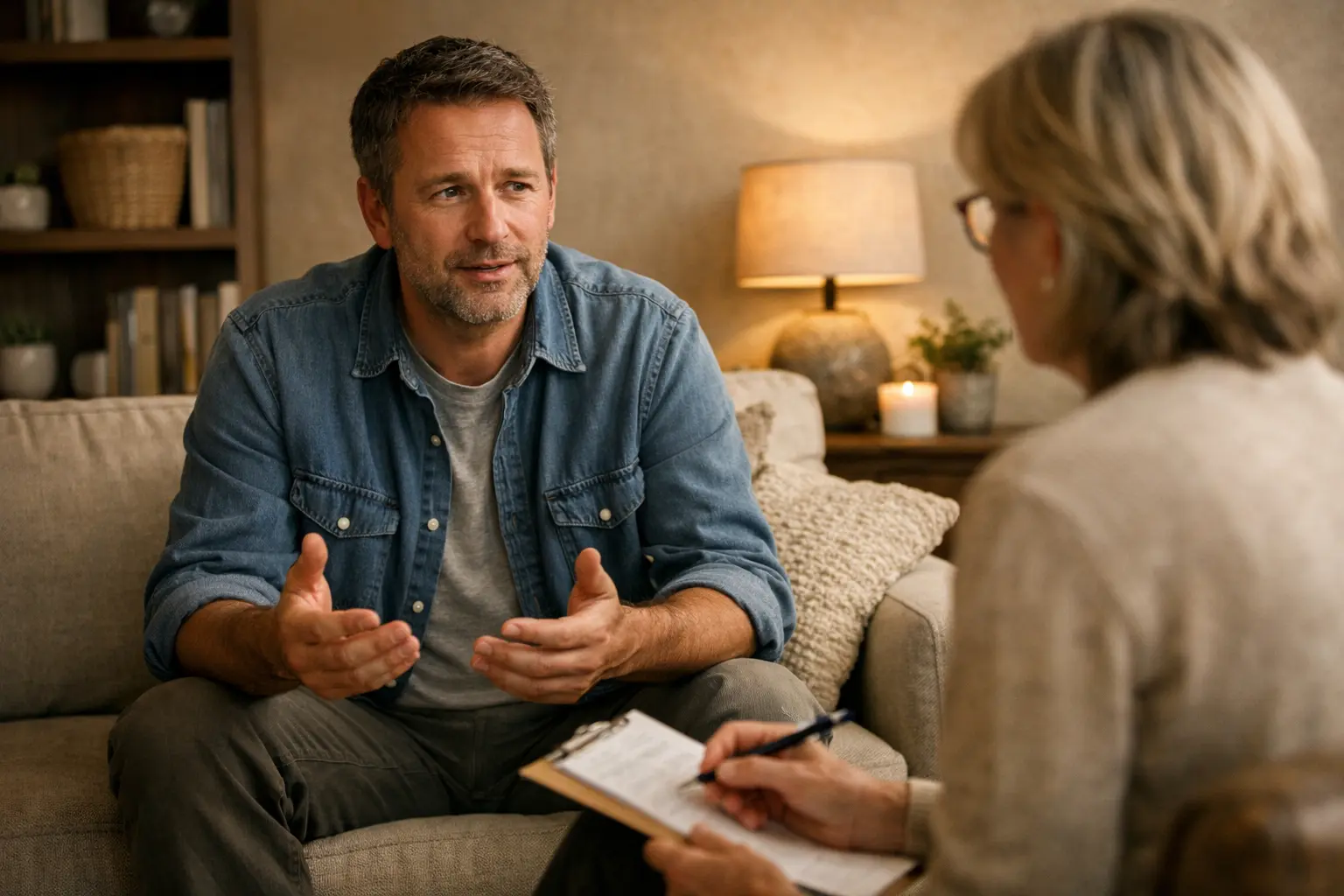 Therapiegesprek in een rustige praktijkruimte