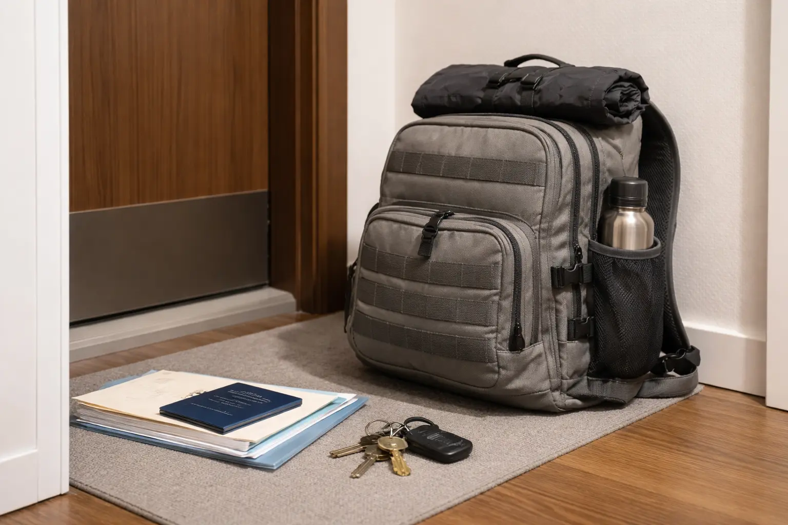 Ingepakte rugzak bij een voordeur